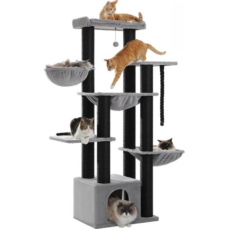 Gros arbre à chat pour chats de grande taille tour à chat robuste avec plusieurs niveaux maison à chat arbre d'escalade avec hamac 11 poteaux en Sisal grand perche Noir (1/5)