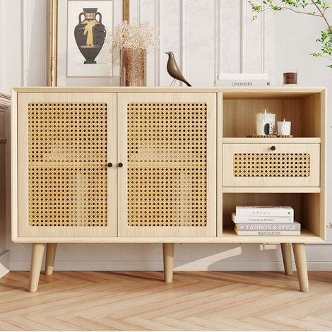 Madia 120x40x80 cm rovere in MDF e metallo con ante effetto rattan, ripiani regolabili e cassetto (1/5)