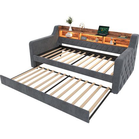 Sofá cama abatible 90x190 cm de terciopelo gris oscuro con LED, USB-C y almacenaje (1/5)