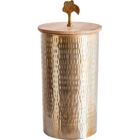 Contenitore Decorativo in Metallo Dorato con Coperchio Rotondo in Legno Aswan
