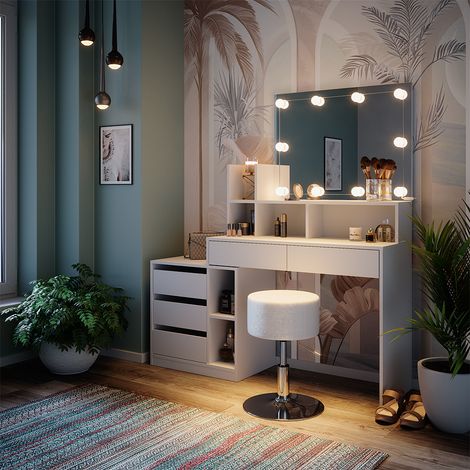 Tavolo da toeletta Anja, Bianco, 139.8 cm con illuminazione a LED e sgabello, Vicco