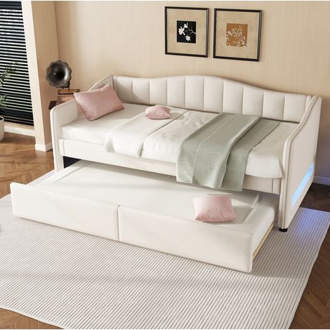 Tagesbett 90x200 cm beige aus Leinen und MDF mit ausziehbarem Rollbett und LED-Beleuchtung (1/5)