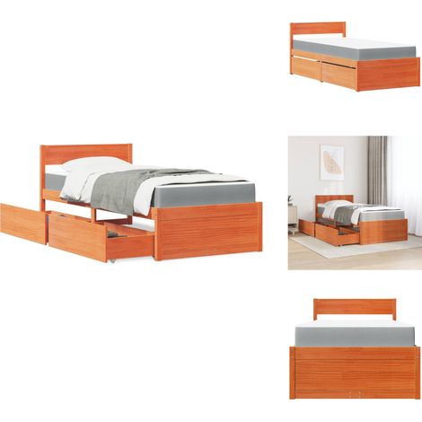 Lit avec tiroirs/matelas cire marron 100x200 cm bois massif pin - Lit Double - Lit Coffre - Lit Avec Rangements - Meuble Chambre - Literie (1/5)