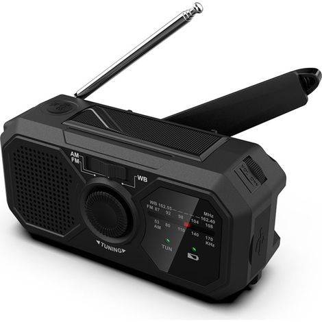 Radio di emergenza AM/FM/WB/NOAA, power bank solare a manovella, luce di lettura, torcia, allarme SOS, 3 opzioni di alimentazione