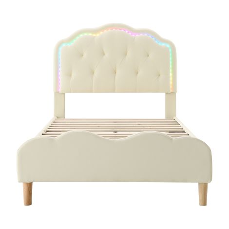 Lit enfant tête ondulée LED multicolore sommier bois PU beige 90x200cm (1/5)