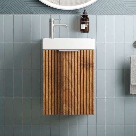 Fluted 400mm Bathroom Vanity Unit Basin Wall Hung Cupboard Soft Close Walnut (1/5)