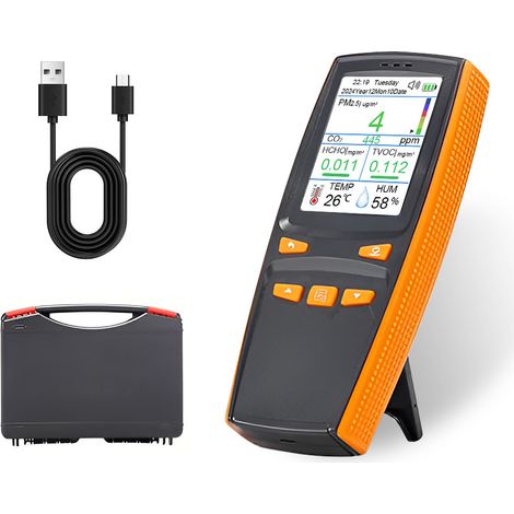Détecteur de qualité de l'air 10 en 1 CO2/PM2,5/HCHO/TVOC avec stockage et téléchargement des données