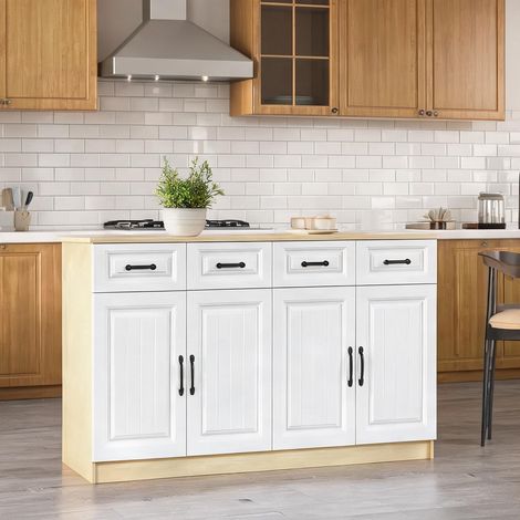 Buffet 160 cm blanc et bois 4 tiroirs 4 portes 160 x 35 x 80 cm (1/5)