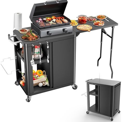 Chariot de Barbecue avec Table d'appoint Pliante, Table de Chariot de Cuisine extérieure avec Crochets, étagère de Rangement et Armoire, Chariot de Service Roulant avec roulettes, Cuisines (1/5)