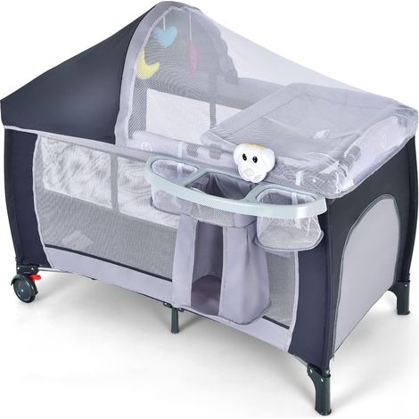 COSTWAY Cuna 4 en 1 para Niños con Bolsillos, Puerta Lateral con Cremallera, Juguetes y Carillón/Centro Actividad Portátil para Niños con Bolsa de Transporte (Gris)