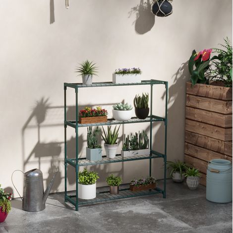 Porte-plantes 89x28x107 cm en acier vert foncé, gain de place pour balcon et jardin FloraGrace (1/5)