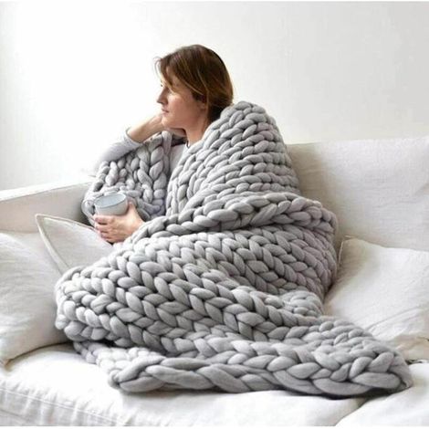 Plaid Tricoté Main en Grosse Maille, Couverture Laine Tricoté Grande Maille Jeté de Lit pour Sofa, Natte De Couchage,Gris,6080CM (1/5)