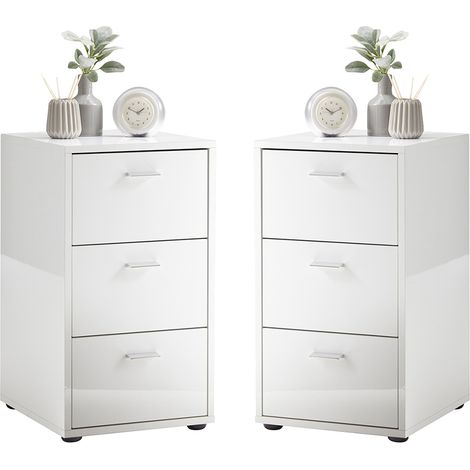 Nachttisch mit 3 Schubladen, 2er Set, in Hochglanz weiß, VUKA-10, für Boxspringbetten geeignet, B/H/T ca. 35/62,4/39,9 cm (1/5)