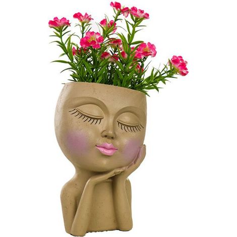 1 Pot de fleurs en résine, visage féminin, trou de drainage, décoration intérieur extérieur (1/5)