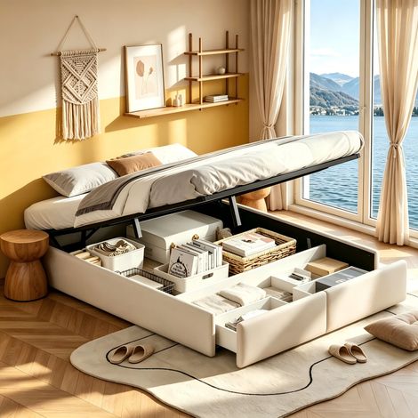 Lit double rembourré 140x200cm sans tête de lit, lit adulte en hydraulique avec 2 tiroirs, Beige, lin, Matelas non compris, MDF, pour chambre adulte et studio (1/5)