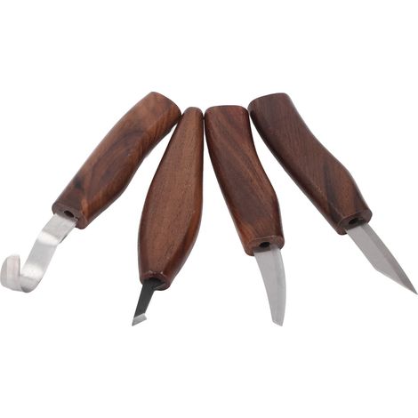 Ensemble de 4 outils de sculpture sur bois avec pierre à aiguiser, cuir à aiguiser et manche en noyer, idéal pour les projets de travail du bois. (1/5)