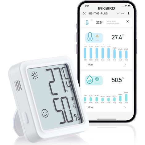 WiFi Thermomètre Intérieur Hygromètre IBS-TH3-PLUS, Ecran LCD Enregistreur Temperature Humidite, Alerte Notification App, Exportation des Données, Maison Chambre Serre Cave Vin Reptile (1/5)