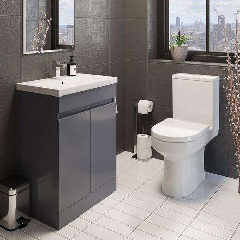 Bathroom Vanity Unit Basin Sink Close Coupled Toilet WC Cloakroom Suite Grey 600 (1/5)