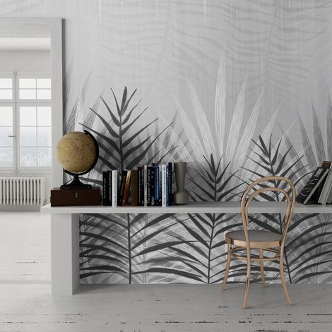 Papier Peint Noir et Blanc - Palmes Gracieuses en Dégradé - 150 x 250 cm (1/2)
