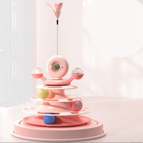 Tour à boules pour chat, jouet avec plumes, herbe à chat, Rail à 4 couches, plateau tournant pour animaux de compagnie, jeu pour l'exercice, rose (1/5)