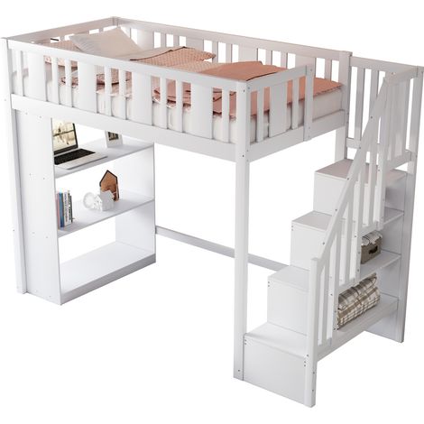 Cama Alta Individual con Escalera de Almacenaje, 3 Compartimentos y Barandilla 90 × 200 cm, sin Colchón (1/5)