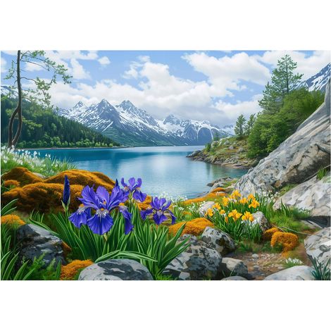 Papier peint panoramique paysage lac montagnes intissé 150x105 cm mural salon chambre petit format