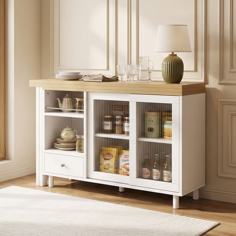 Table de salle à manger pliante et extensible avec rangement, table de salle à manger moderne et mobile, table pliante avec grand espace de rangement, porte vitrée, pivotante à 360°, naturel et blanc (1/4)