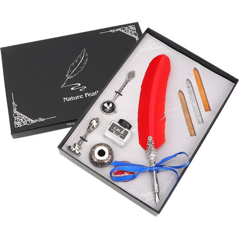 Plume d'oie vintage rétro, stylo calligraphie à encre avec becs métalliques, rouge, pour écriture artistique, cadeau. (1/5)