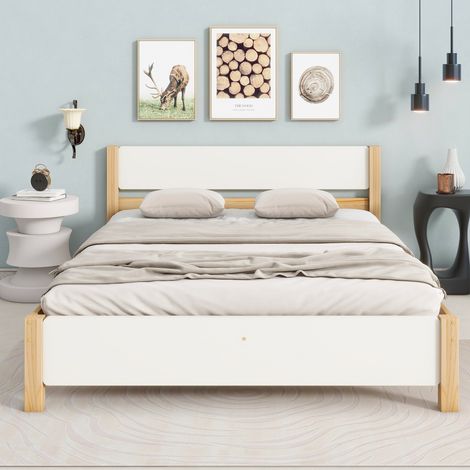 Bett im zeitlosen Stil 140x200 cm, Massivholz und MDF, Weiß/Natur, mit Kopf- und Fußteil, 15 Latten und Mittelfüßen (1/5)