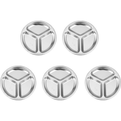 5 platos redondos de acero inoxidable de 24 cm de diámetro, divididos en 3 secciones.