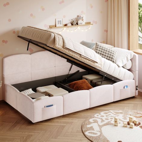 Lit tapissé 90x200 cm velours rose coffre USB sommier (1/5)