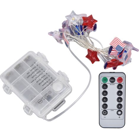 Lichterkette zum Unabhängigkeitstag mit kabelloser Fernbedienung, IP44 wasserdicht, Timerfunktion, LED-Lichterkette mit amerikanischer Flagge, 5 Meter, 50 Lichter (1/5)