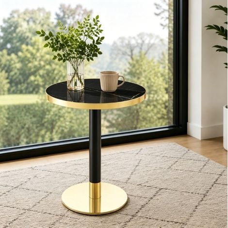Tavolino rotondo 60x60x73,7 cm nero in MDF e metallo con effetto marmo, bordo oro e struttura stabile (1/3)