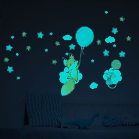 Sticker phosphorescent lumineux - RENARD ET SOURIS VOLANT + 80 ÉTOILES - Autocollant mural plafond enfant fluorescent - 30x40cm (1/5)