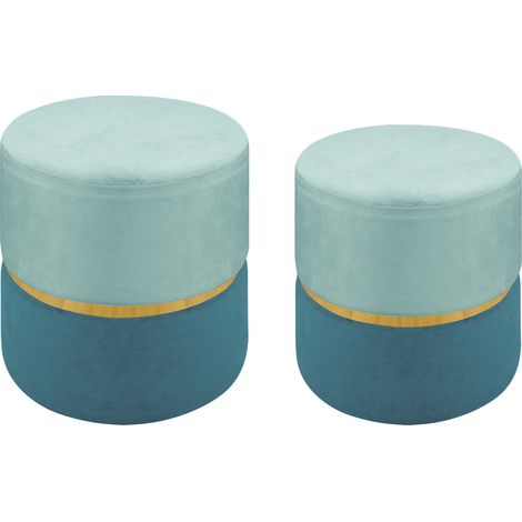 Set 2 Pezzi Coppia Di Pouf Cilindro Poggiapiedi Camera Design Pouff Cameretta Con Fascia Dorata Salotto In Velluto Sgabello  Petrolio