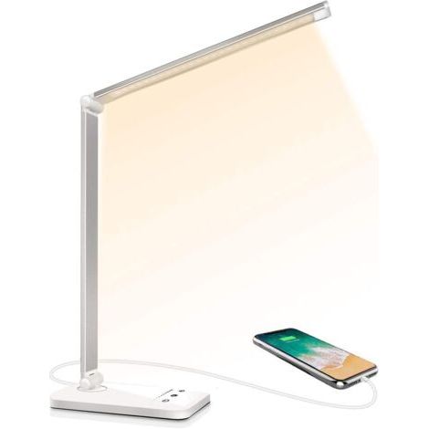 Lampe de Bureau LED, Dimmable 5 Modes de Couleur 10 Niveaux de Luminosité, Flexible Contrôle Tactile Protection des Yeux,Lampe de chevet Avec Port USB et Fonction Minuterie
