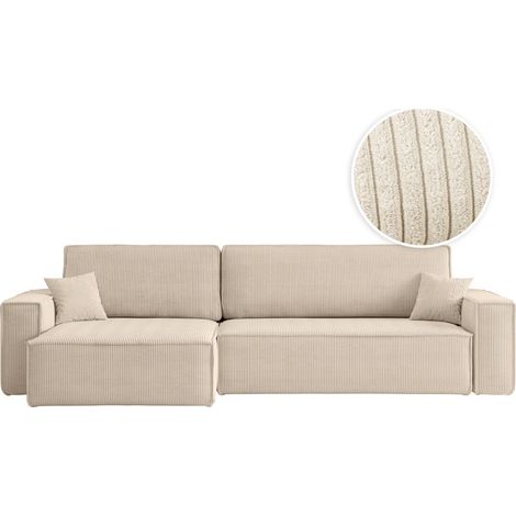 Loungitude – Canapé d'angle convertible 5 places réversible en velours côtelé – Coffre de rangement intégré – Beige – Fabrication européenne (1/5)