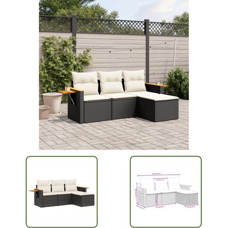 The Living Store Salon de jardin 4 pcs avec coussins noir résine tressée - Ensemble Salon De Jardin - Canapé Extérieur - Mobilier De Jardin - Résine Tressée - Rotin Synthétique (1/3)