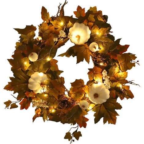 Couronne décorative artificielle de citrouille blanche et de feuille d'érable verte, pendentif décoratif festif sur le thème de l'automne, suspension murale lumineuse en forme de feuille d'érable (ave (1/3)