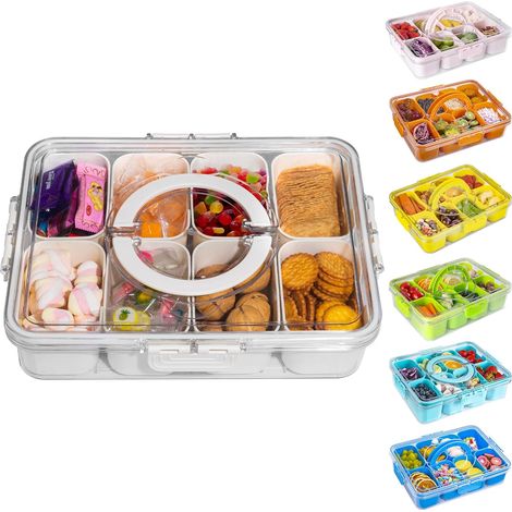 Vassoio per snack diviso, scatola da viaggio per snack con coperchio e maniglia, contenitore portatile per alimenti, organizer per caramelle, frutta, noci, snack, 1 pezzo, bianco