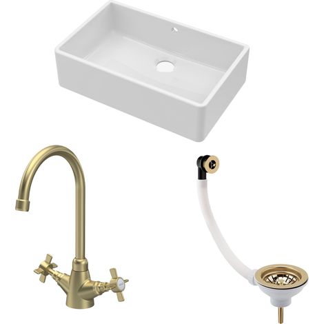 Fireclay Kitchen Bundle - 1 Bowl Butler Sink with Overflow, Waste & Mono Crosshead Tap, 795mm, Brushed Brass