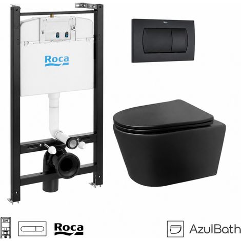 BASTIDOR ROCA ACTIVE PACK CISTERNA EMPOTRADA Y PULSADOR NEGRO MATE CON INODORO SUSPENDIDO Rimless LIA Negro de AzulBath (1/4)