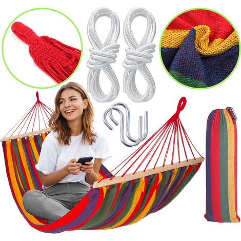 Hamaca colgante para 2 personas multicolor con barras separadoras resistentes de 150 cm, color rojo. (1/5)