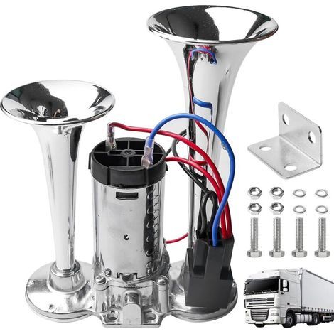 Klaxon LWK 12V – Klaxon pneumatique puissant – Très bruyant – Avec compresseur – Double tuyau – Kit de klaxon pour tous les véhicules 12V – Camions, trains, voitures, bateaux, motos, fourgonnettes