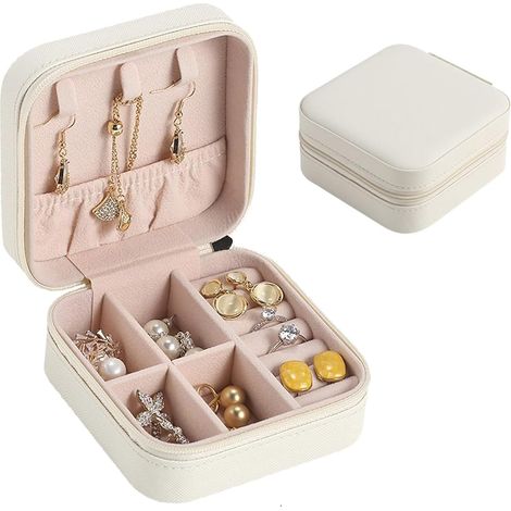 Petite Boîte à Bijoux pour Filles, Boite Bijoux Voyage Portable en Cuir PU, Mini Organisateur de Bijoux, Rangement pour Boucles d'Oreilles Bagues Chaînes, Anniversaire, Cadeau, Blanc (1/5)