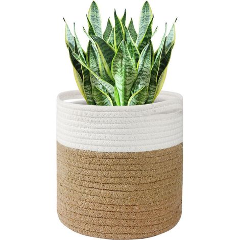 30cm Blumentopf mit Einsatz, gewebter Baumwollkorb für Zimmerpflanzen, Aufbewahrung, Weiß/Braun (1/5)