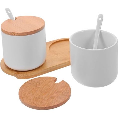 Lot de 2 sucriers en céramique 260 ml, blancs, avec couvercles en bambou, cuillères et plateau, pots à épices (1/5)