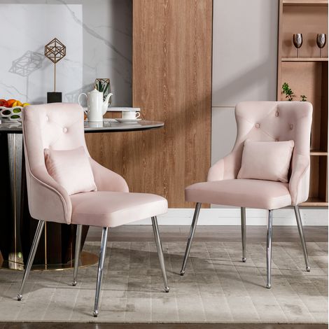 Lote de 6 sillas de comedor con motivo de botón, sillones tapizados, con patas de metal, silla de salón de dormitorio con cojín lumbar, color rosa (1/5)