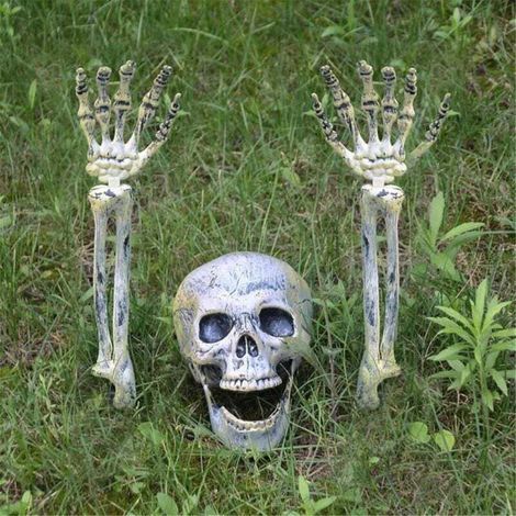 Pair Halloween-Skelettschädel und -Arme, 3er-Set. Realistische Skelett-Halloween-Dekorationen für den Innen- und Außenbereich, Halloween-Party-Accessoires.