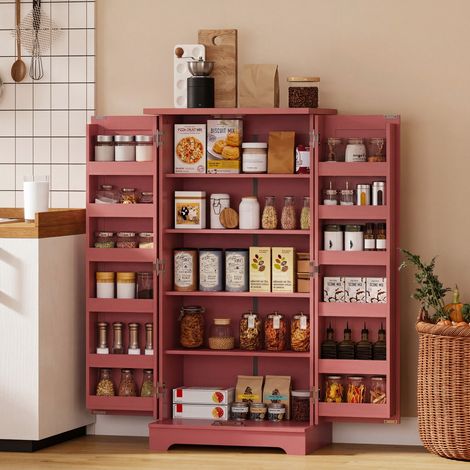 Buffet de cuisine 5 tablettes réglables avec portes, placard de rangement 60 x 40 x 120 cm, finition bois rouge, meuble de cuisine à clayettes ajustables